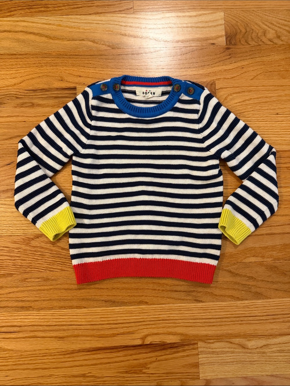 Boden Kids Navy & White Striped Crewneck Sweater with Color Pop